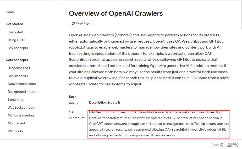 OpenAI开发者文档中关于OAI-SearchBot的说明，指出屏蔽该爬虫的网站不会出现在ChatGPT搜索答案中
